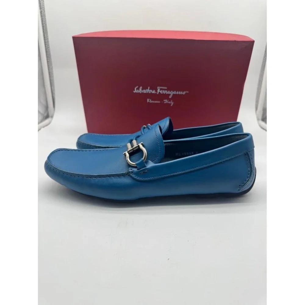 Salvatore Ferragamo Paris Blue Leather Gancini Driving Loafers Mens 8.5 D Italy